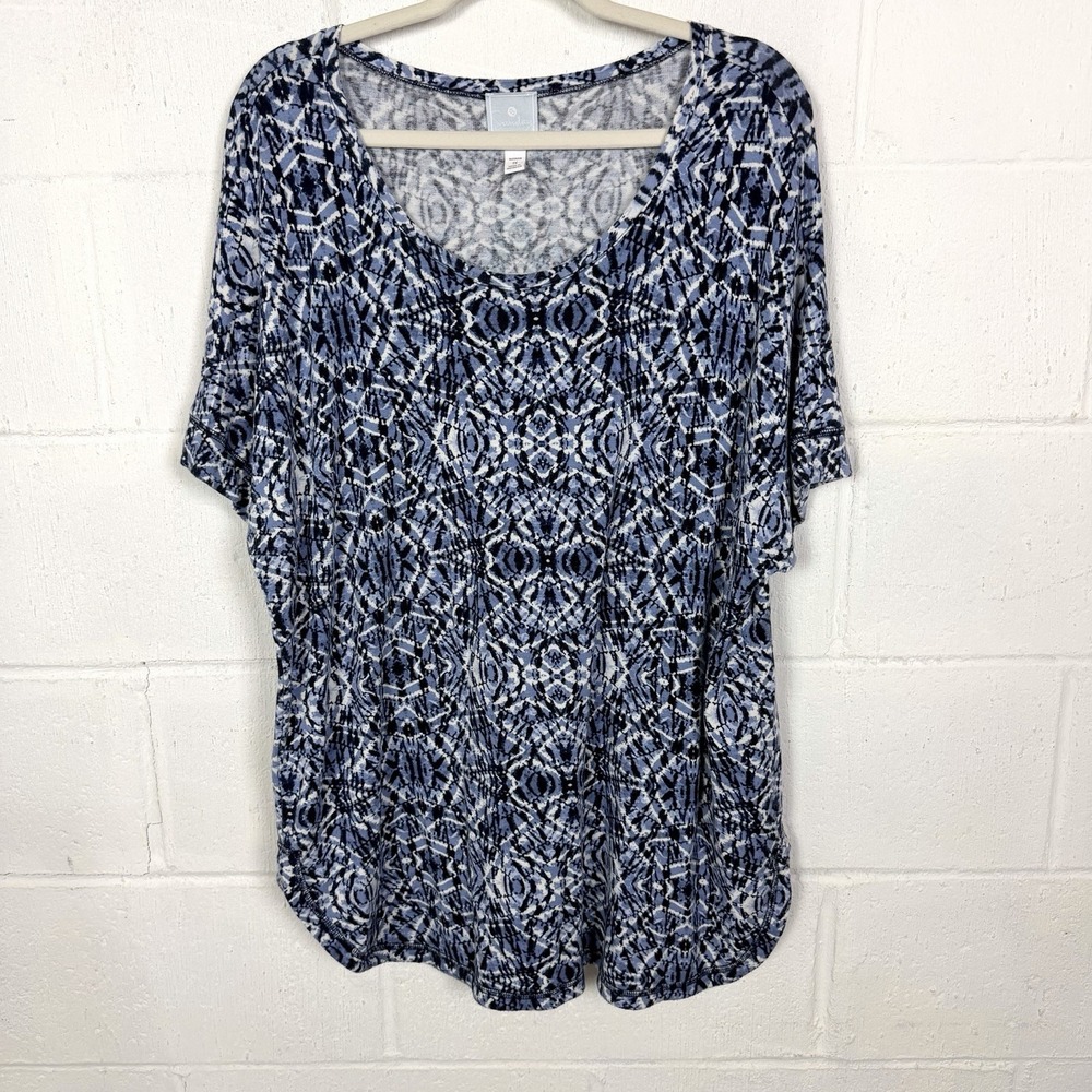 Sunday Womens Top Size 1X French Terry Blue Relaxed Fit Casual Boho Maximalist